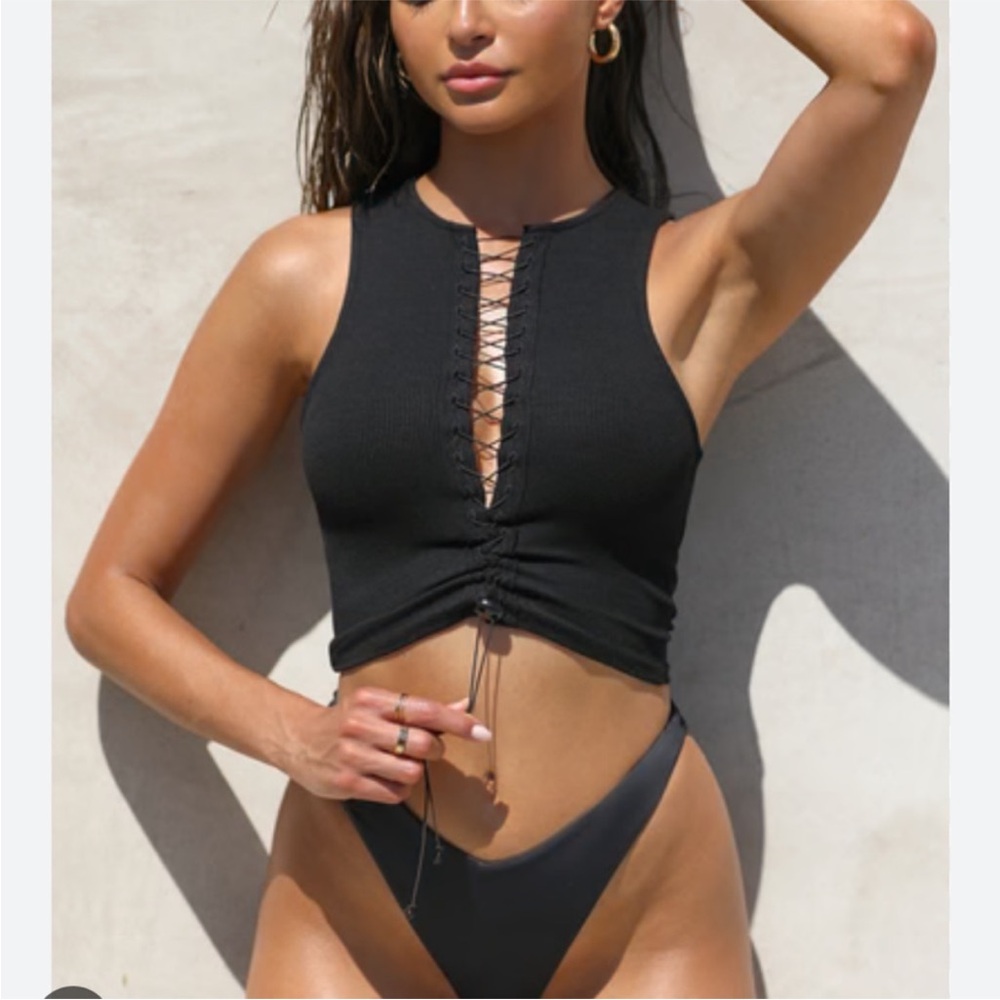 Joah Brown Black Cut Out Crop Tank Top